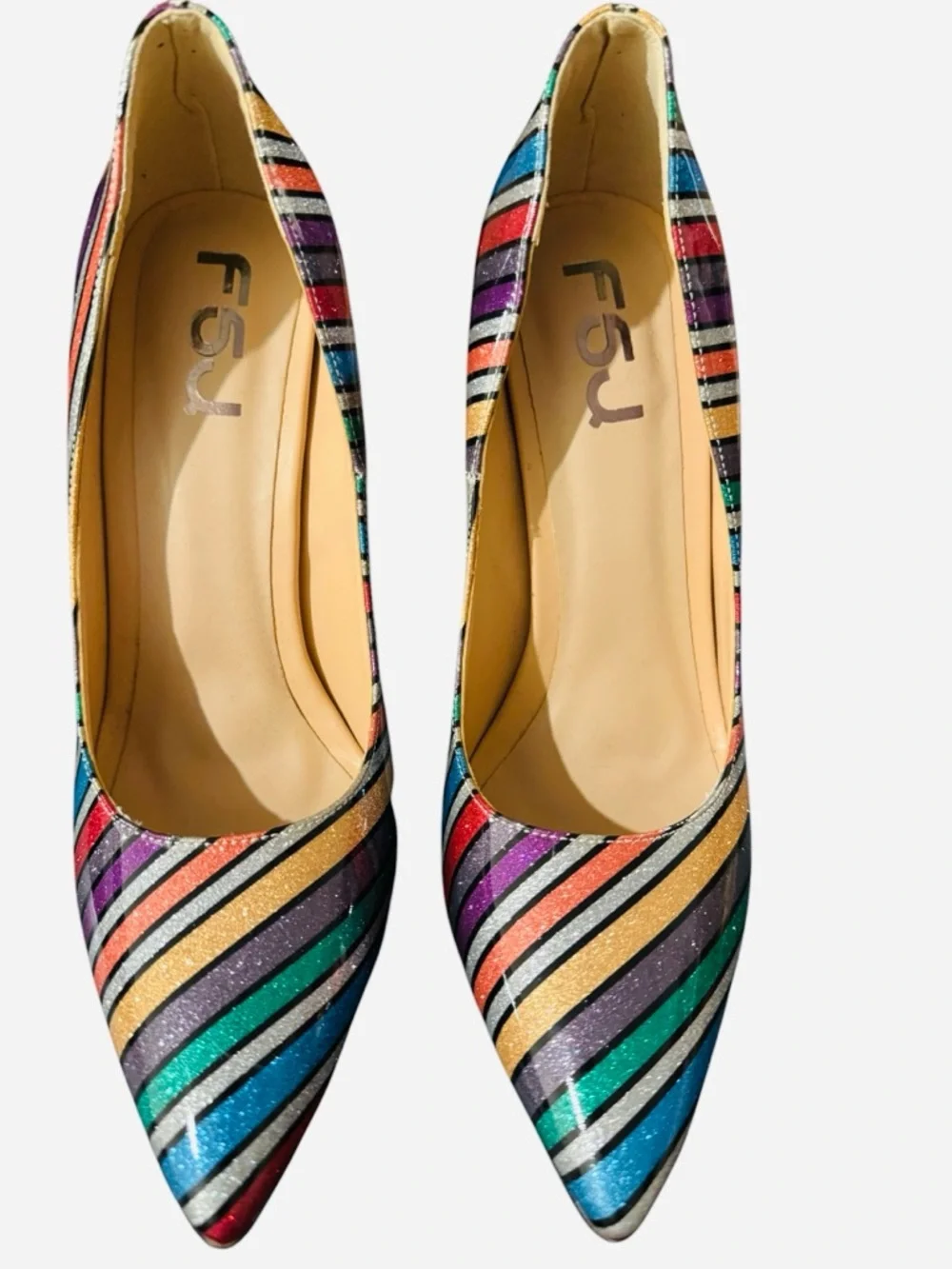 FSJ Rainbow Glitter Stripes Pumps with Gold Sculptural Heel - Picture 8 of 9